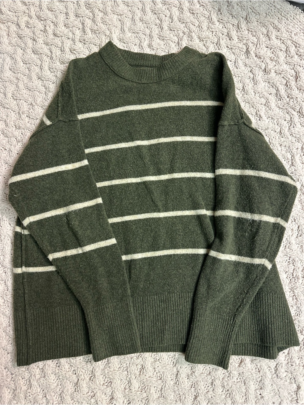 aerie Olive and Cream Striped Crewneck Sweater